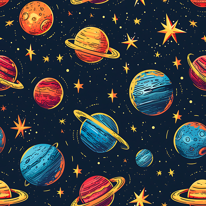 Space with Colorful Cartoon Planets and Starfield seamless PBR texture preview