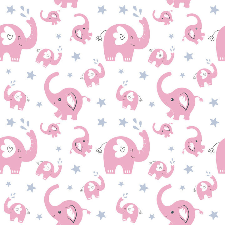 Pattern with Cute Pink Elephant Motifs and Playful Star Accents seamless PBR texture preview