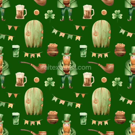 Seamless 3D PBR Digital Paper Texture Featuring St Patrick Themed Watercolor Illustrations