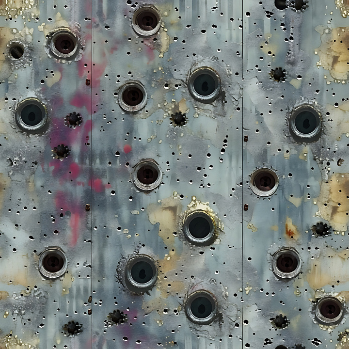 Cracked & Holes of Distressed Perforated Metal with Rust and Paint Dama… seamless PBR texture preview