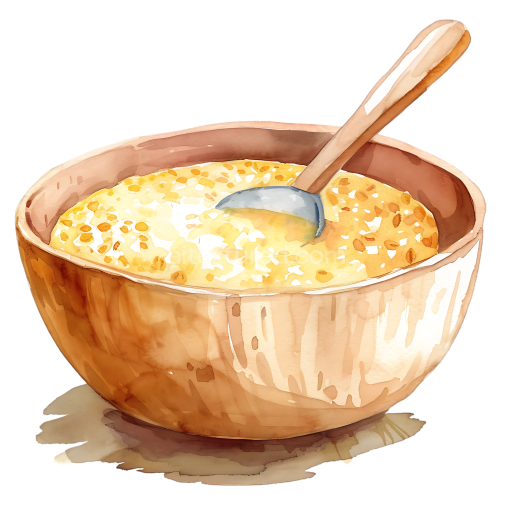 Watercolor Barley Porridge in Wooden Bowl Breakfast Illustration