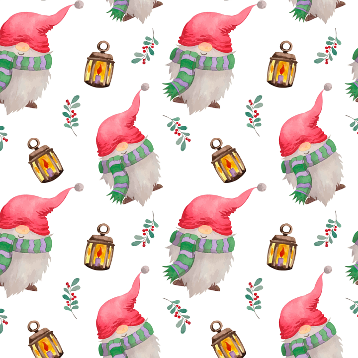 Watercolor Christmas Featuring Gnomes and Lanterns seamless PBR texture preview