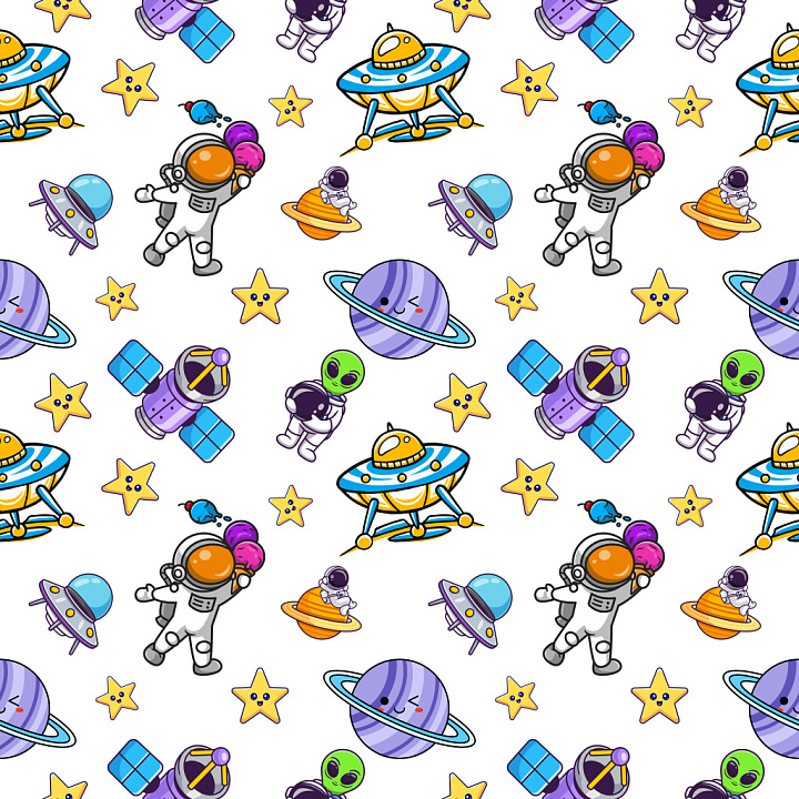 Pattern with Playful Cartoon Space Motifs and Bright Colors seamless PBR texture preview