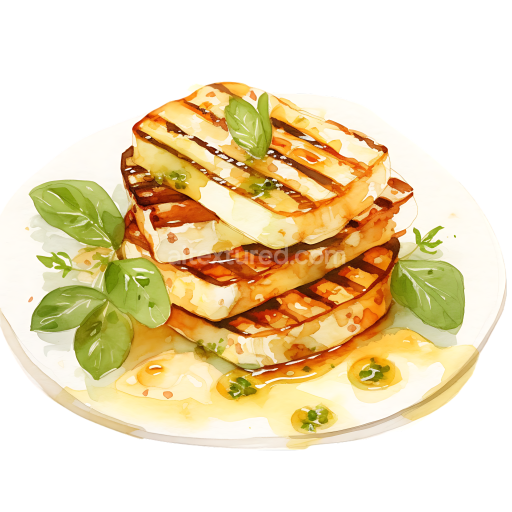 Grilled Halloumi Cheese Breakfast Illustration with Basil and Honey Drizzle