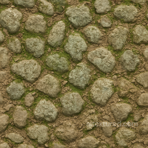 Of Cobblestone Ground With Mossy Stones And Lichen Crust seamless Ground surface PBR texture