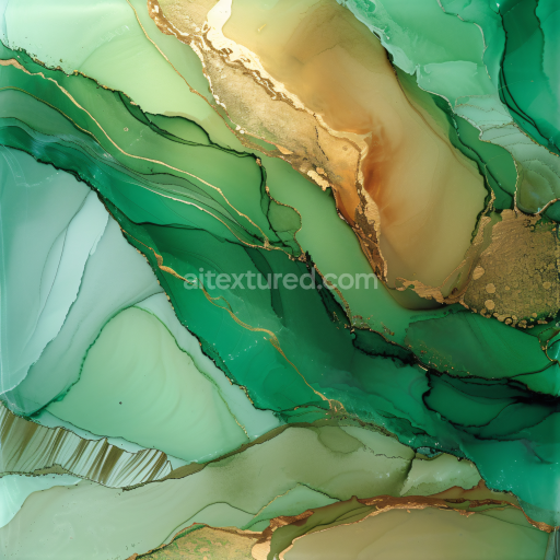 Seamless 3D Alcohol Ink PBR Texture Featuring Emerald Green and Gold Fluid Waves