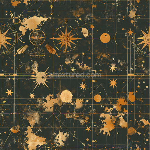 Seamless 3D Celestial-Themed Stylized Camouflage PBR Texture with Golden Star Maps