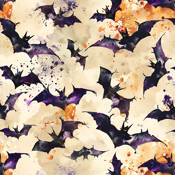 Watercolor Halloween with Stylized Bat Motifs seamless PBR texture preview