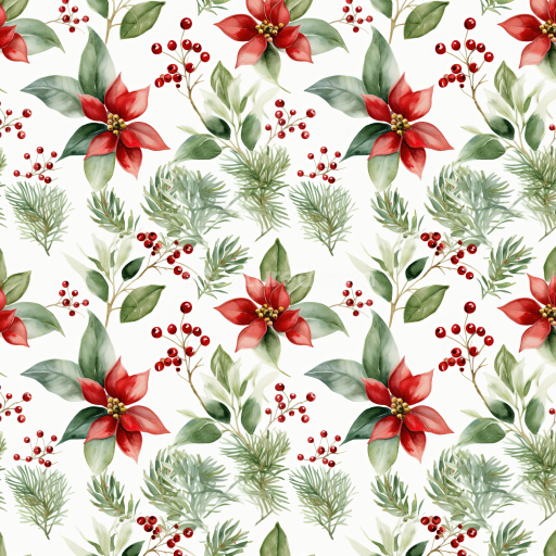 Seamless 3D PBR Christmas Watercolor Texture with Poinsettias & Greenery
