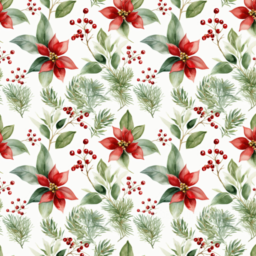 Christmas Watercolor Texture with Poinsettias & Greenery seamless Christmas Watercolor PBR texture