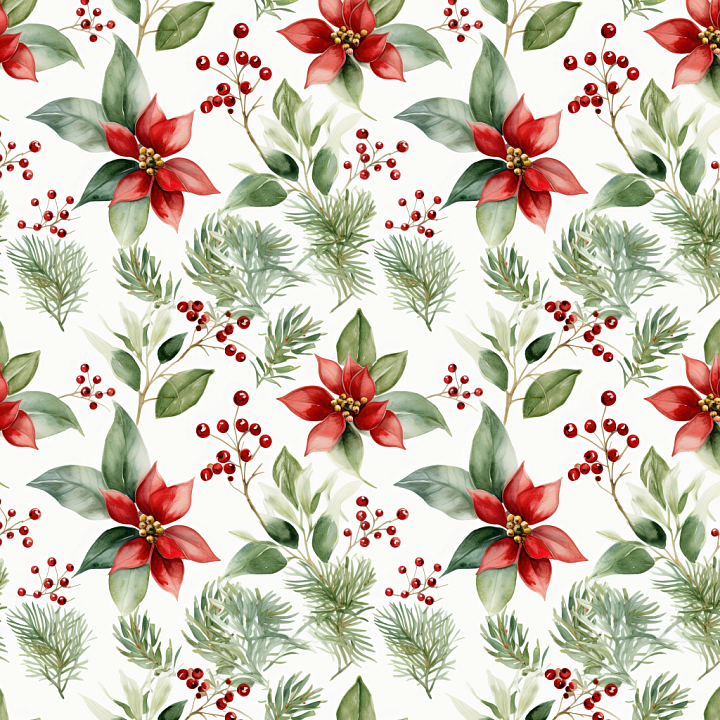 Christmas Watercolor with Poinsettias & Greenery seamless PBR texture preview