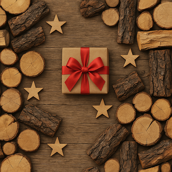 Rustic Wood Gift Box Pine Bark Firewood Stack Star Ornament Festive Bow seamless PBR texture preview