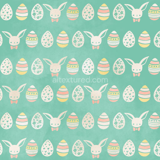 Seamless 3D PBR texture of pastel Easter eggs and bunnies on mint background