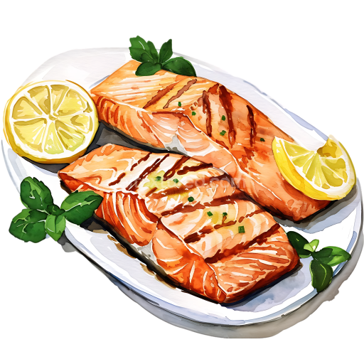 Grilled Salmon Breakfast Plate with Lemon and Greens Illustrated