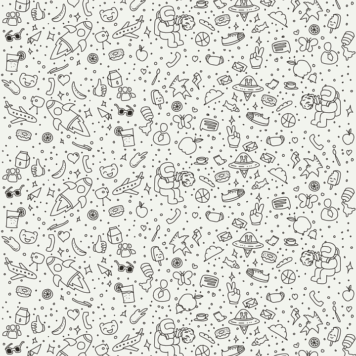 White & Black Cartoon Doodle with Space and Everyday Icons seamless PBR texture preview