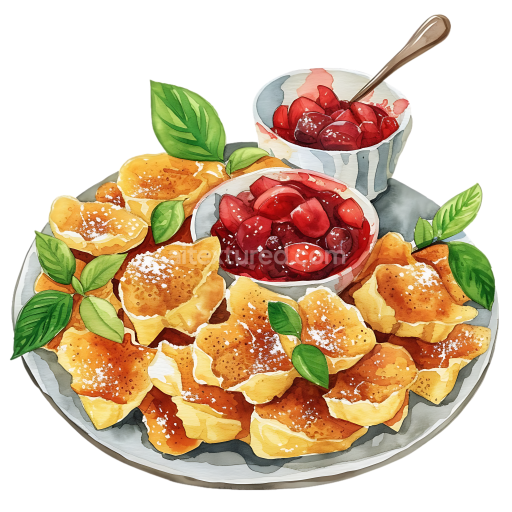 Watercolor Style Austrian Kaiserschmarrn Breakfast with Plum Sauce and Fresh Herbs