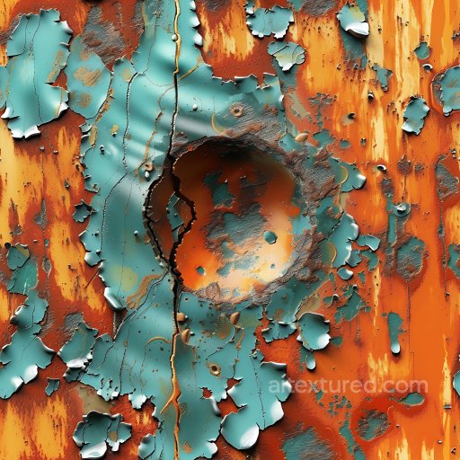 cracked and hole PBR texture of peeling turquoise paint over rusted orange metal seamless Cracked & Holes PBR texture