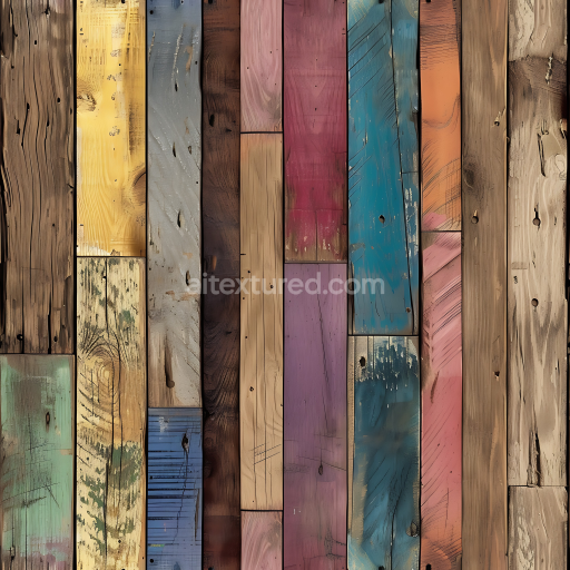 Seamless 3D Multicolor Painted Wood Planks PBR Texture with Distressed Finish