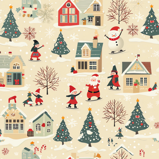 Seamless 3D PBR Texture of Christmas Digital Paper with Festive Houses and Snowmen