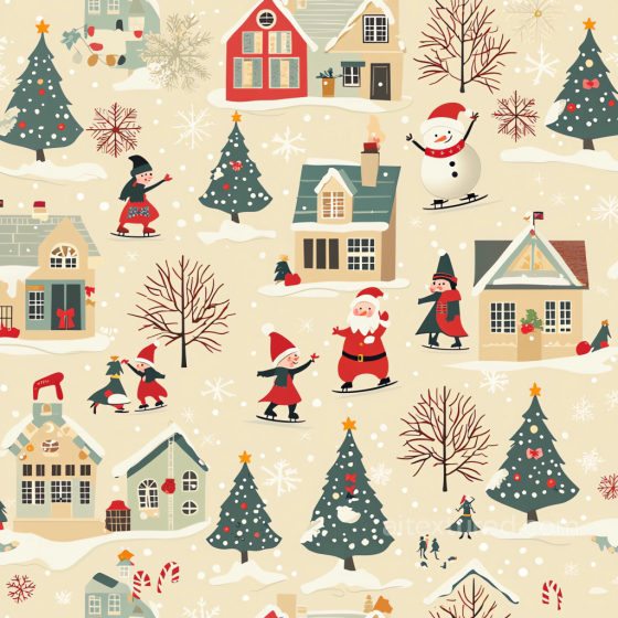 Christmas Digital Paper Texture Featuring Snowy Village and Holiday Figures All Christmas Digital paper texture preview