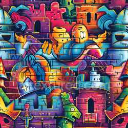 seamless Seamless 3D PBR graffiti texture featuring colorful cartoon castle and abstract urban painting texture 8k free download PBR