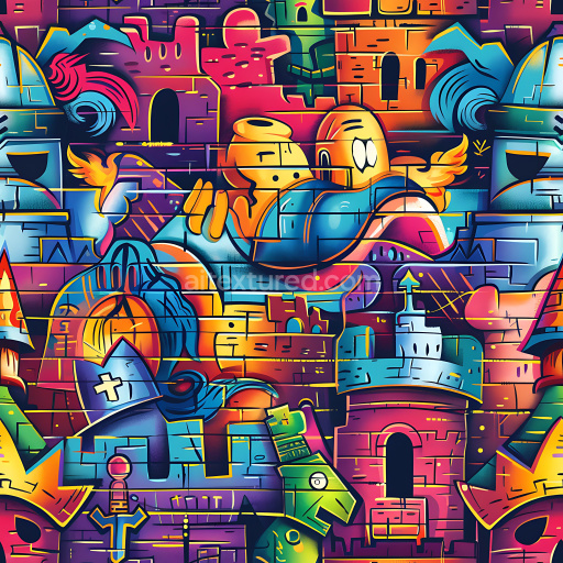 Seamless 3D PBR graffiti texture featuring colorful cartoon castle and abstract urban painting