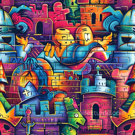 Seamless 3D PBR graffiti texture featuring colorful cartoon castle and abstract urban pai… texture preview
