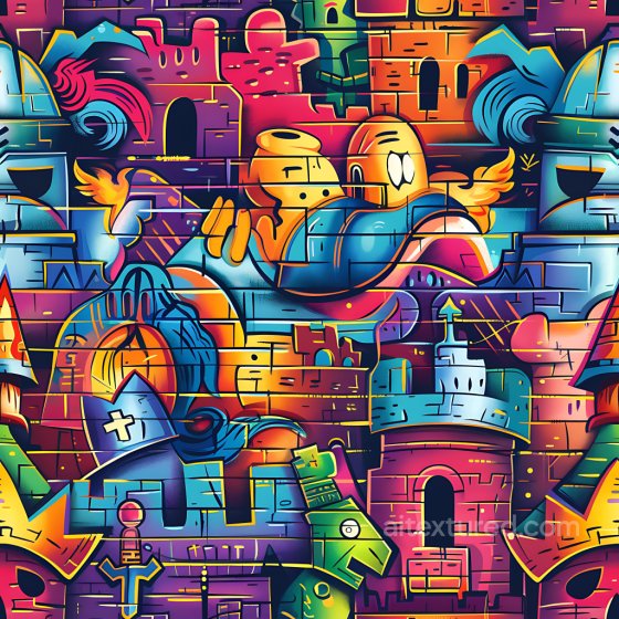 Graffiti Texture Featuring Colorful Cartoon Castle And Abstract Urban Painting Graffiti texture preview