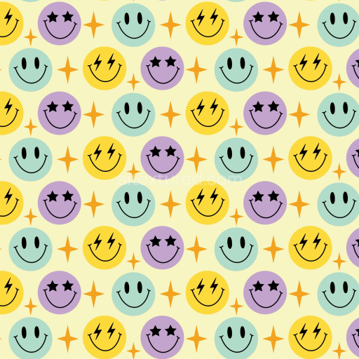 Seamless 3D PBR texture of colorful happy face pattern with starry eyes