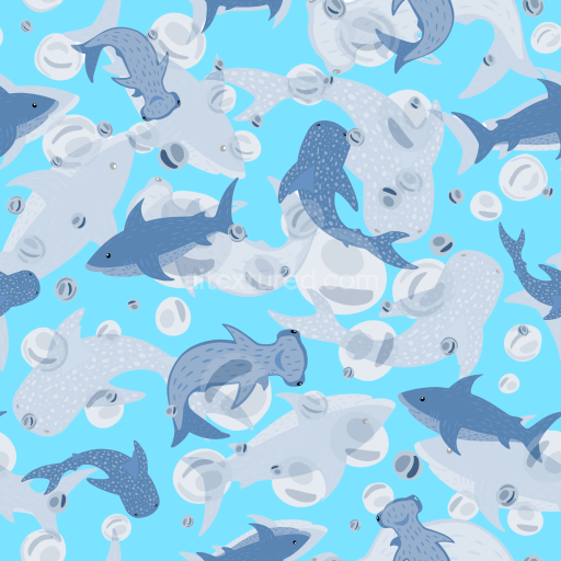 Seamless 3D PBR Texture Featuring Cute Blue and Gray Sharks with Bubbles