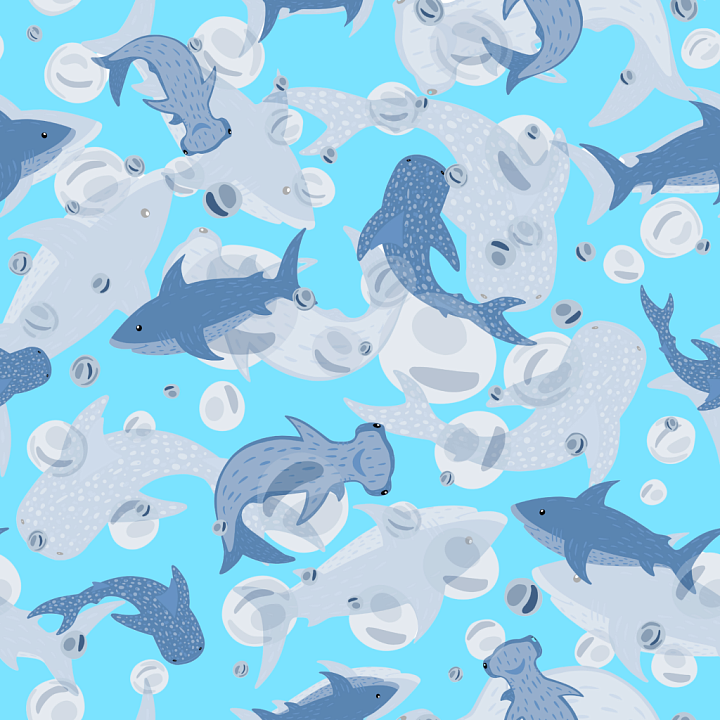 Featuring Cute Blue and Gray Sharks with Bubbles seamless PBR texture preview