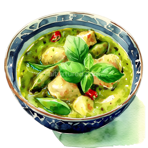 Watercolor Style Green Chicken Curry Bowl Breakfast Illustration
