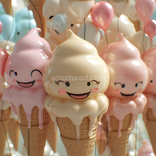 Seamless 3D Inflated PBR Texture of Glossy Smiling Ice Cream Cones
