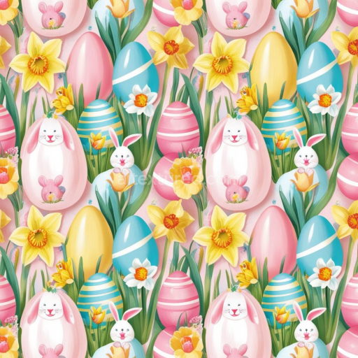 Seamless 3D PBR Texture Featuring Easter Eggs, Bunnies & Daffodil Flowers
