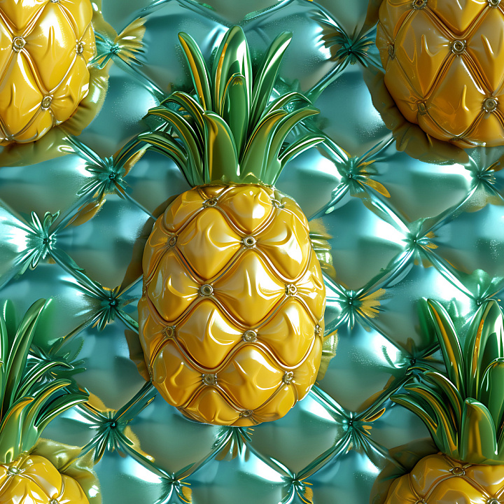 Inflated Pineapple-Shaped Vinyl Panels in Glossy Yellow and Teal Wood seamless PBR texture preview