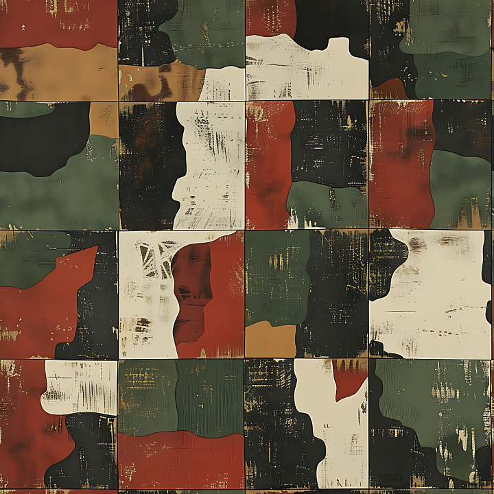 Vintage Woodland Camouflage with Distressed Color Blocks seamless PBR texture preview