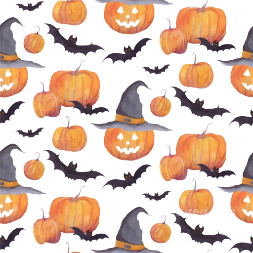 Watercolor Halloween Texture Featuring Pumpkins, Bats & Witch Hats seamless Watercolor Halloween PBR texture