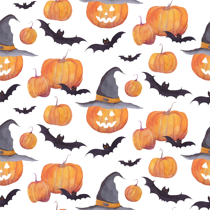 Watercolor Halloween Featuring Pumpkins, Bats & Witch Hats seamless PBR texture preview