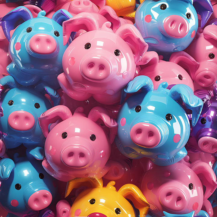 Inflated Vinyl Piggy Panels in Pink, Blue, and Yellow seamless PBR texture preview