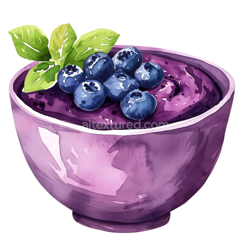 Breakfast Acai Berry Bowl with Blueberries and Mint Watercolor Illustration