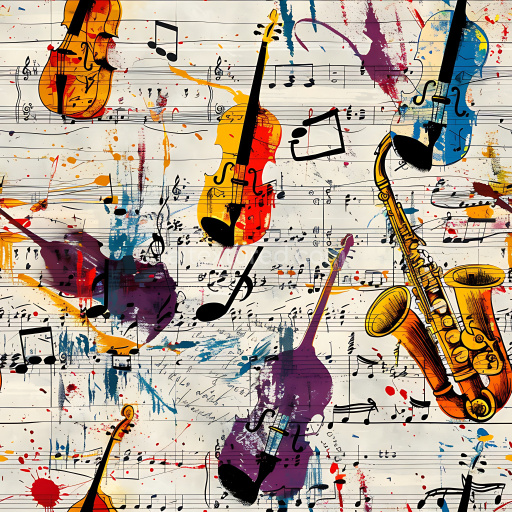 Seamless 3D PBR texture with colorful musical graffiti and splattered paint