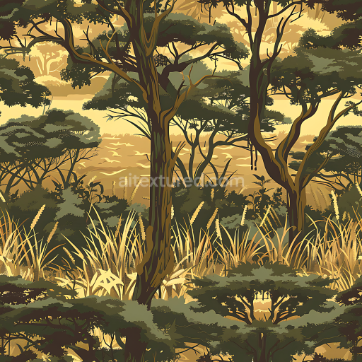 Preview — Seamless 3D Savanna Camouflage PBR Texture Featuring Stylized Trees and Natural Grass