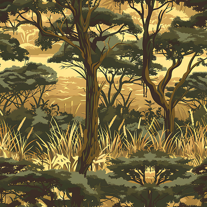 Savanna Camouflage Featuring Stylized Trees and Natural Grass seamless PBR texture preview