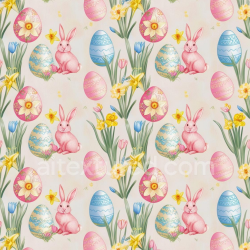 seamless Seamless 3D PBR Texture Featuring Pastel Easter Eggs, Pink Bunnies, and Spring Flowers texture 8k free download PBR