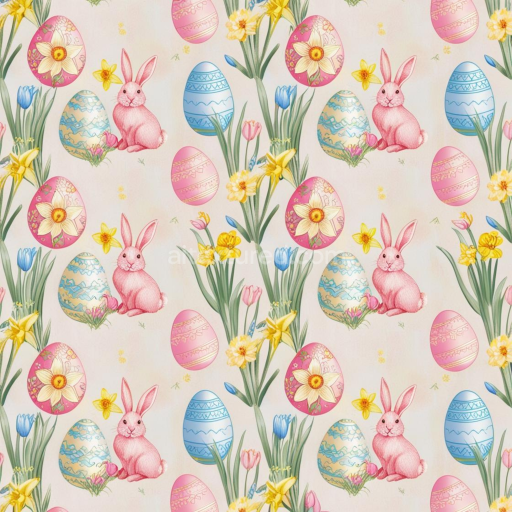Seamless 3D PBR Texture Featuring Hand-Drawn Pink Bunnies and Decorative Easter Eggs