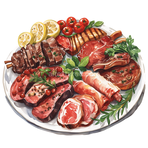 Detailed Meatlovers Breakfast Platter Illustration with Fresh Herbs and Lemon Slices