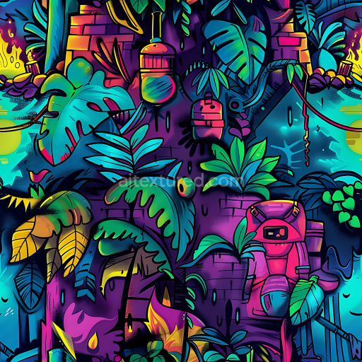 Seamless 3D PBR Graffiti Texture Featuring Neon Jungle Mural with Vibrant Leaves and Urban Elements