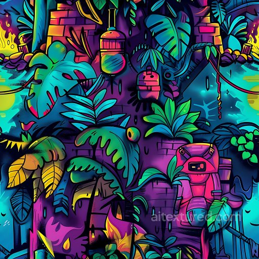 Seamless 3D PBR Graffiti Texture Featuring Neon Jungle Mural with Vibrant Leaves and Urba… texture preview