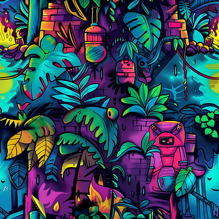 Graffiti Featuring Neon Jungle Mural with Vibrant Leaves and Urban Elem… seamless PBR texture preview