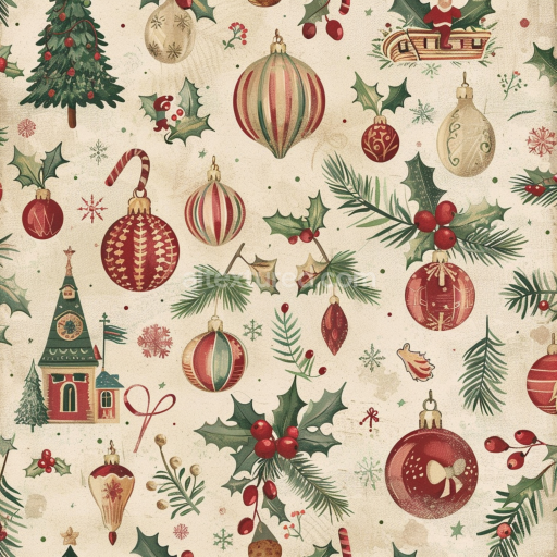 Seamless 3D PBR Christmas Vintage Fabric Texture with Ornaments and Holiday Motifs